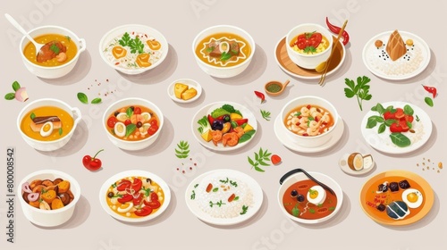 Colorful assortment of international dishes showcasing global cuisine on a light background