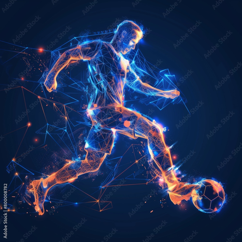 Football player in action made of polygon Al neon network on dark blue background