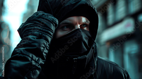 A man in a black jacket and a black robber mask adjusts his hood on a dark street. photo