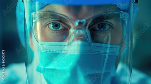 A close-up portrait of a female surgeon's intense gaze, focused during a surgical procedure, wearing a sterile mask and cap..