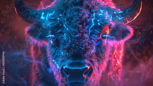 A digital painting of a neon blue and pink American bison with glowing red eyes and smoke coming from its nostrils photo