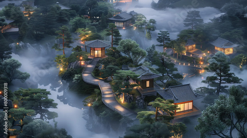 A breathtaking garden where tea houses float among clouds, connected by winding paths of light. Each tea house offers a unique tea ceremony, with matcha that reflects the essence of the surrounding 