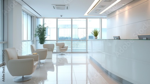 A sleek and spacious corporate office lobby featuring minimalist design, white furniture, and large windows allowing for ample natural light..