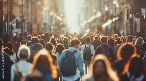 Bustling crowd of people moves along a sunlit city street, bathed in the warm glow of a setting sun. photo