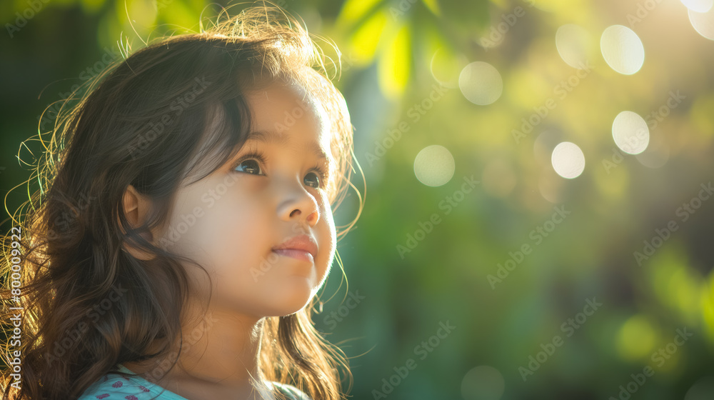 Young girl with expressive eyes looks up, her face lit by the dappled sunlight filtering through leaves. Young girl with expressive eyes looks up, her face lit by the dappled sunlight filtering through leaves.