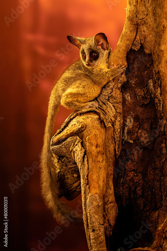 The Bushbaby is a small and nocturnal primate. Galago at the red sunset. photo