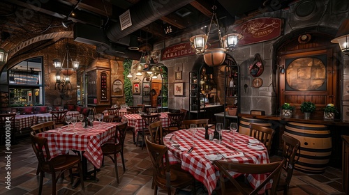 Traditional Italian trattoria with checkered tablecloths, wine barrels, and Tuscan-inspired decor. photo
