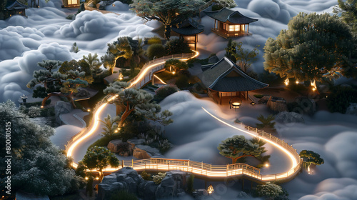 A breathtaking garden where tea houses float among clouds, connected by winding paths of light. Each tea house offers a unique tea ceremony, with matcha that reflects the essence of the surrounding cl
