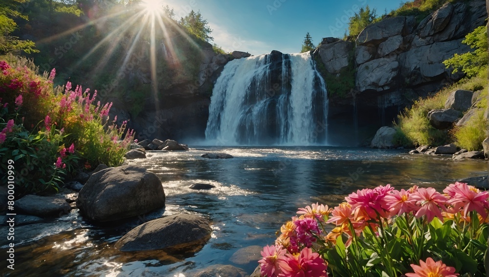 A beautiful scene of nature with waterfall and colorful flowers, rocks, blue sky, sunlight, water, low-angle view, 8k, wallpaper