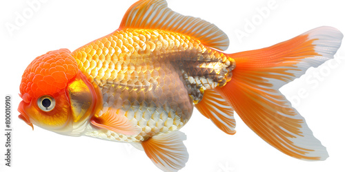 Side view of a Lion's head goldfish isolated on white background,