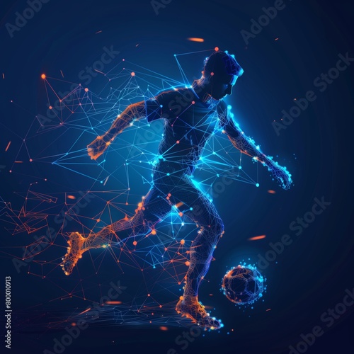 Football player in action made of polygon Al neon network on dark blue background © FreyStudios