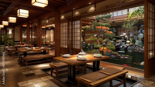 Traditional Japanese kaiseki restaurant with low dining tables, tatami mat flooring, and koi pond views. © Basharat