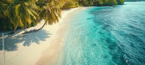 Fototapeta Naklejka Na Ścianę i Meble -  Tranquil maldives island beach aerial view, tropical paradise with palm trees on white sandy shore