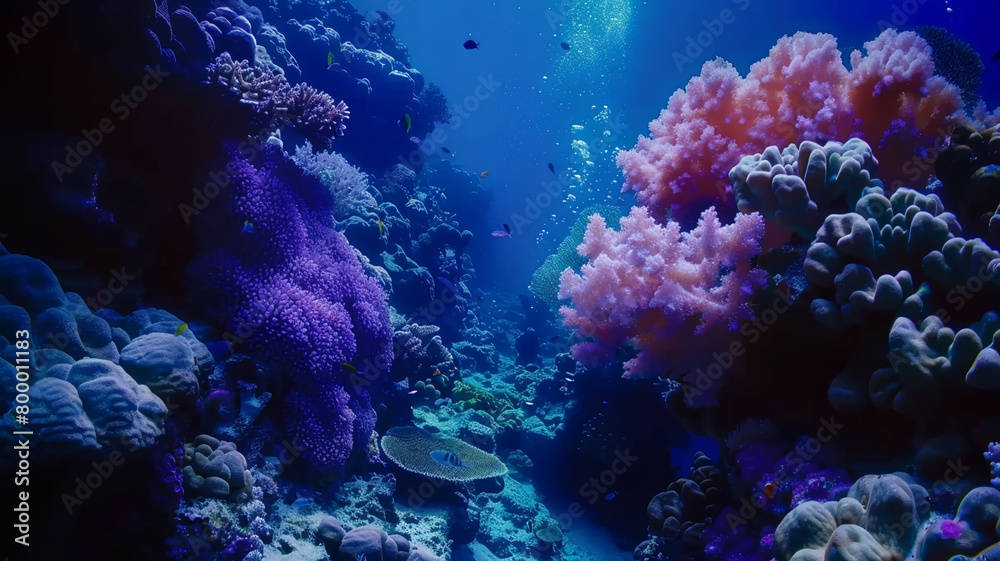 Fototapeta premium beautiful sea ocean landscape background with coral reefs, anemones, turtles, clown fish, nemo. Deep blue sea with big whale