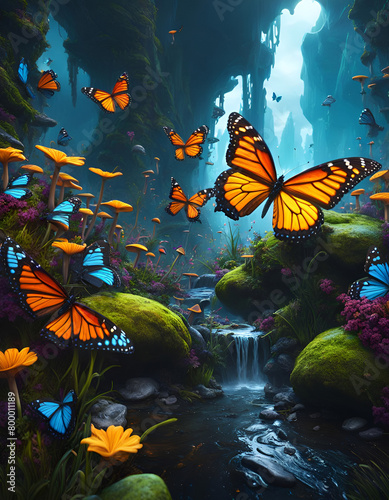 Fantasy landscape with mushroom and butterflies in a mysterious dreamy woodland. Concept of magic, imagination, fairytale. Digital illustration. CG Artwork Background © Irina B