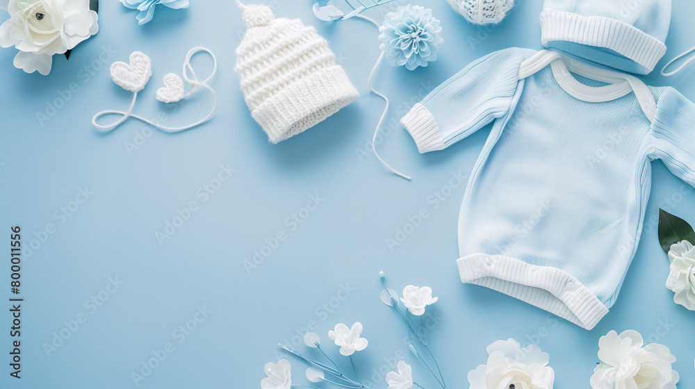 Mockup of baby clothes on plain background with copy-space for text. A newborn bodysuit in blue color tone was displayed on a plain blue background with cute decorations, a beanie hat and flowers. Mockup of baby clothes on plain background with copy-space for text. A newborn bodysuit in blue color tone was displayed on a plain blue background with cute decorations, a beanie hat and flowers.