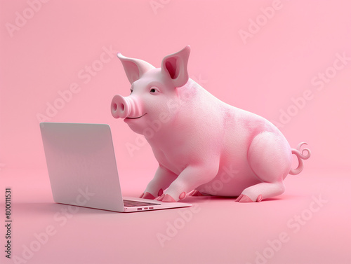 A Cute 3D Pig Using a Laptop Computer in a Solid Color Background Room