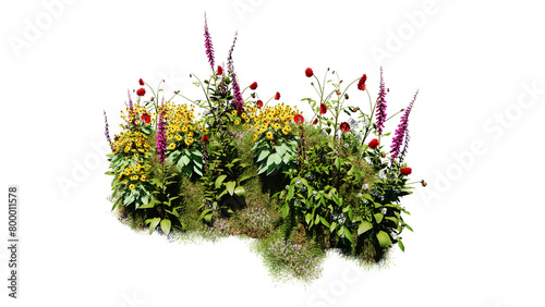 Fototapeta Naklejka Na Ścianę i Meble -  3D render various types of flowers grass bushes shrub and small plants on transparent background