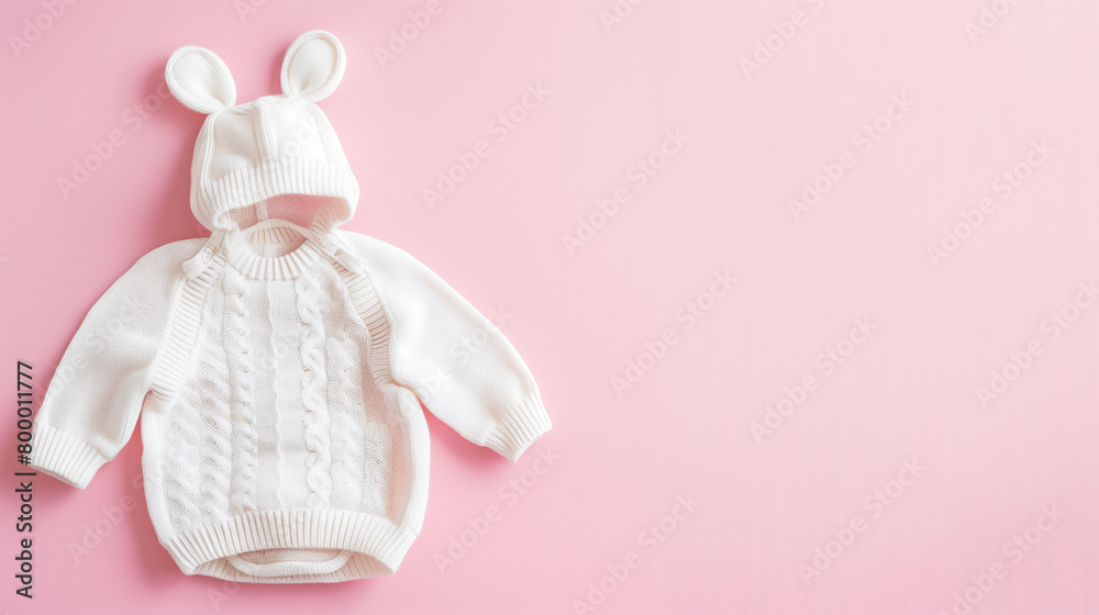 Mockup of baby clothes on plain background with copy-space for text. A newborn sweater in white color tone was displayed on a plain pink background. Mockup of baby clothes on plain background with copy-space for text. A newborn sweater in white color tone was displayed on a plain pink background.