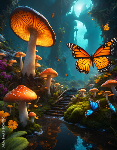 Fantasy landscape with mushroom and butterflies in a mysterious dreamy woodland. Concept of magic, imagination, fairytale. Digital illustration. CG Artwork Background