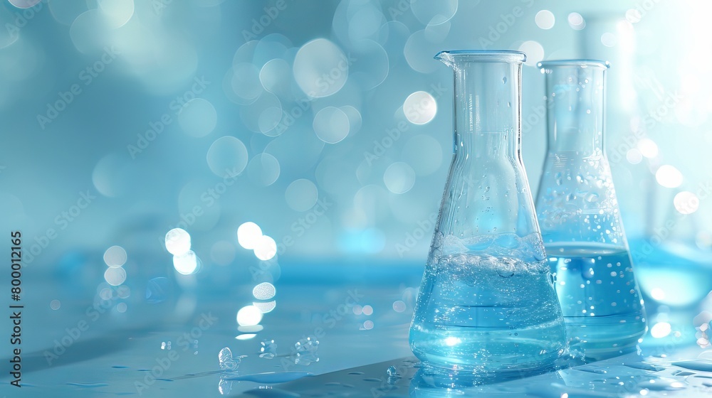 Blue science laboratory background: chemistry experiment with water in beaker and flask glass Blue science laboratory background: chemistry experiment with water in beaker and flask glass