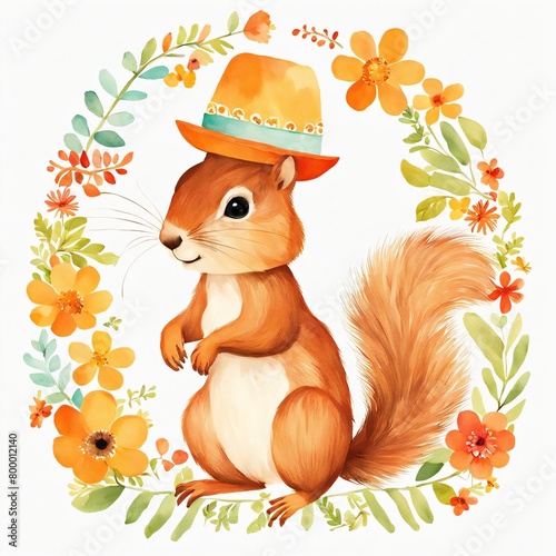 Floral Baby Squirrel Nursery Illustration Generative AI Illustration 