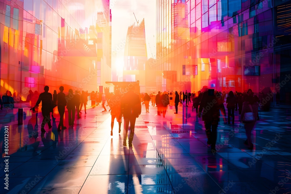 A bustling city plaza bathed in the vibrant hues of sunset, silhouettes against the colorful reflections on the glossy floors and glass facades of surrounding skyscrapers