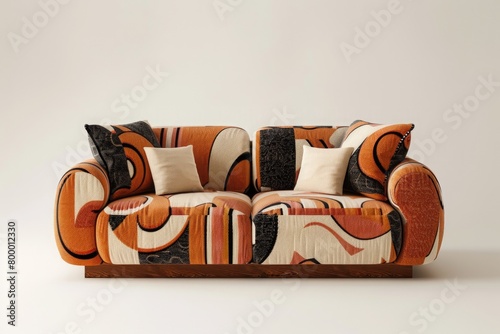 A retro-style sofa in earthy tones and geometric patterns © Boinah
