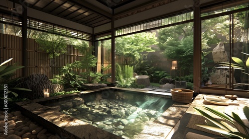 Traditional Japanese onsen spa with natural stone baths, bamboo accents, and tranquil garden views.