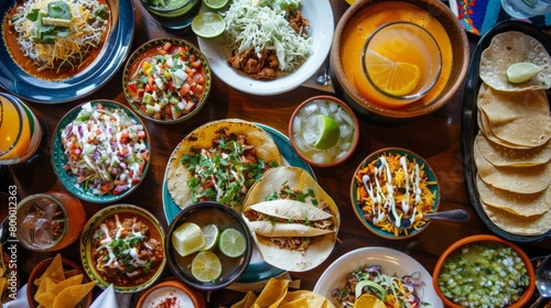 A table spread with traditional Mexican dishes like tacos, enchiladas, and chiles rellenos. There are also refreshing beverages like horchata and margaritas to complement the meal photo