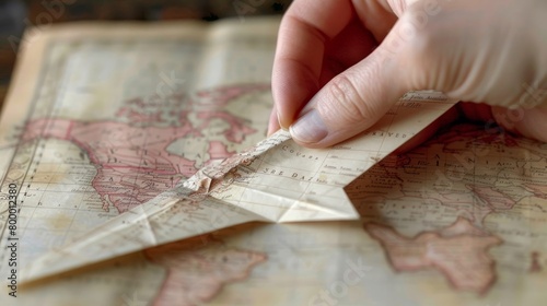 A creative paper airplane crafted from an antique map, symbolizing exploration and travel