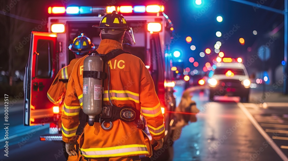 A firefighter in full gear approaches an ambulance during a night-time emergency response, with flashing lights illuminating the scene..