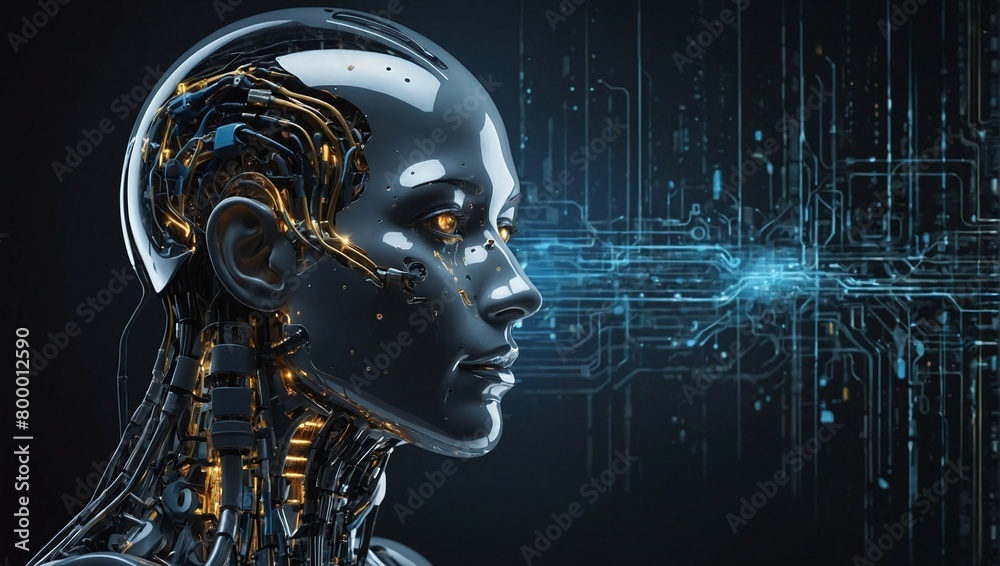 visualization of artificial intelligence in the form of a robot on a blue technological background visualization of artificial intelligence in the form of a robot on a blue technological background