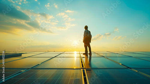Morning Service: Engineer Checks Solar Cell Installation on Factory Roof, Ensuring Efficient Renewable Energy Generation on sunrise background.
