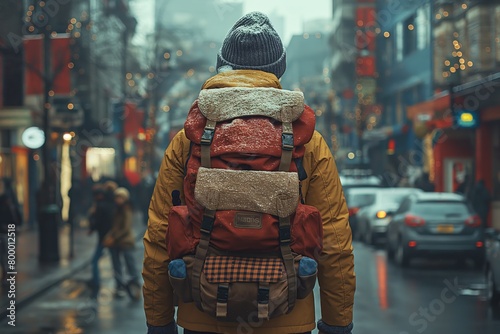 Person with backpack walking in snowy city