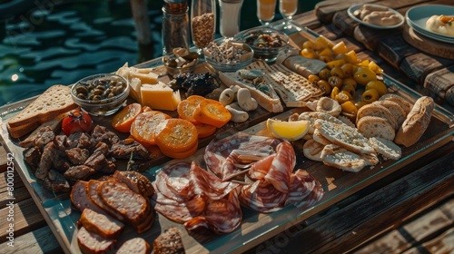 Elegant charcuterie board by the water with variety of meats  cheeses  and fruits