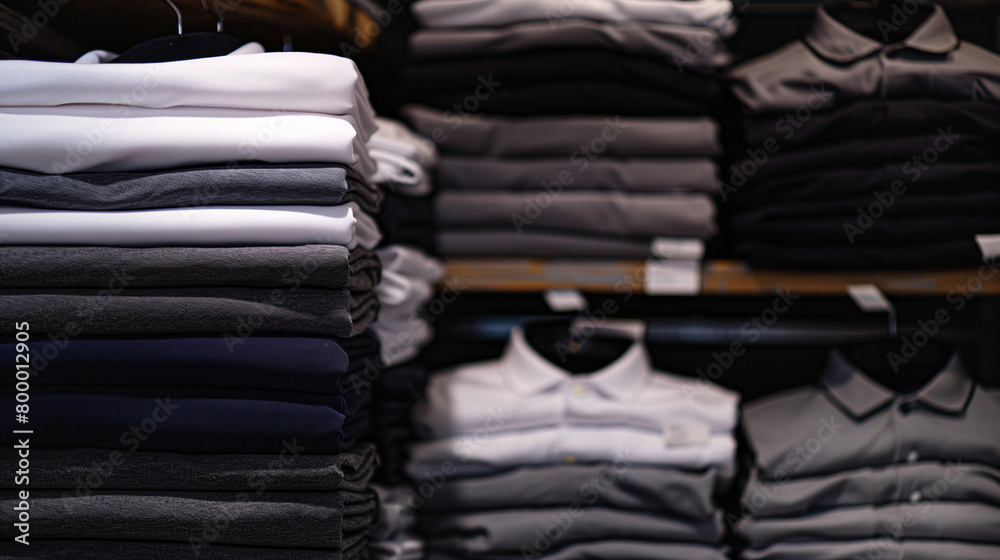 Stack of a lot of folded clothes background. Polo shirts in white, grey, and black color were displayed on wooden shelves in a clothes shop, front view. Stack of a lot of folded clothes background. Polo shirts in white, grey, and black color were displayed on wooden shelves in a clothes shop, front view.