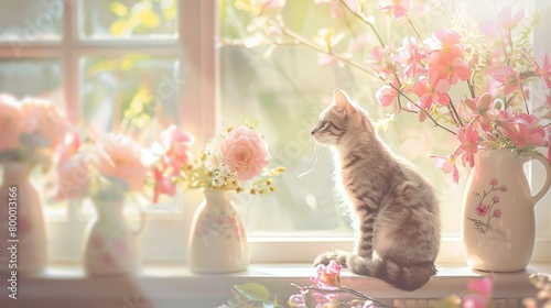 A cute cat on a sunny window, In front of the window were cream vases full of pink flowers photo