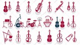 Colorful vector icons showcasing a variety of musical instruments, audio devices, and music symbols in a grid layout