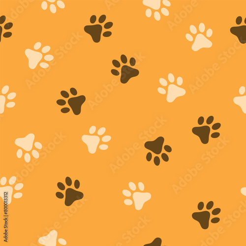 Dog, cat paw seamless pattern vector illustration. Animal, pet, wallpaper, orange background