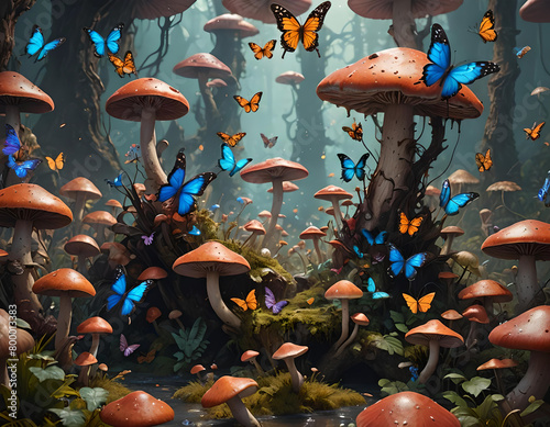 Fantasy landscape with mushroom and butterflies in a mysterious dreamy woodland. Concept of magic, imagination, fairytale. Digital illustration. CG Artwork Background