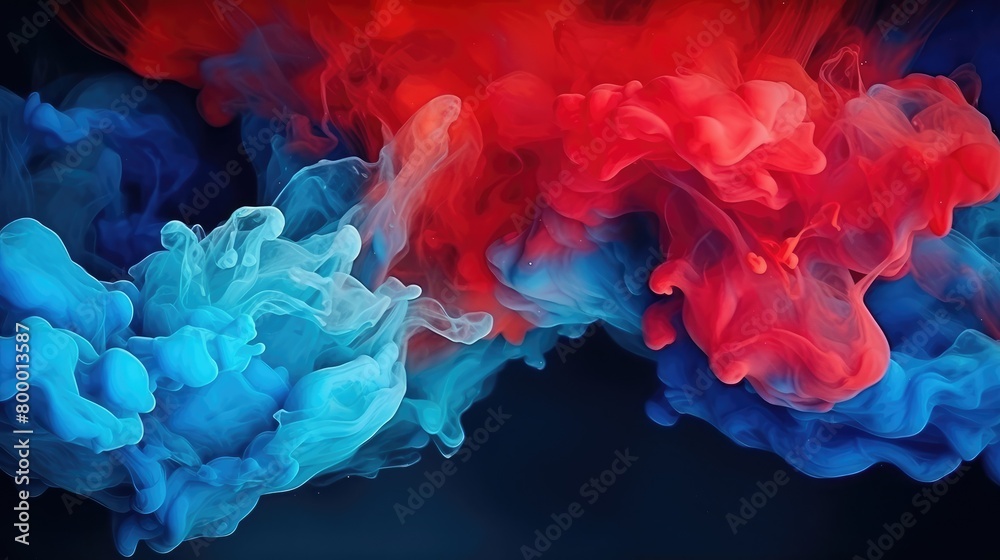 Acrylic blue and red colors in water. Ink blot. Horizontal long banner.
