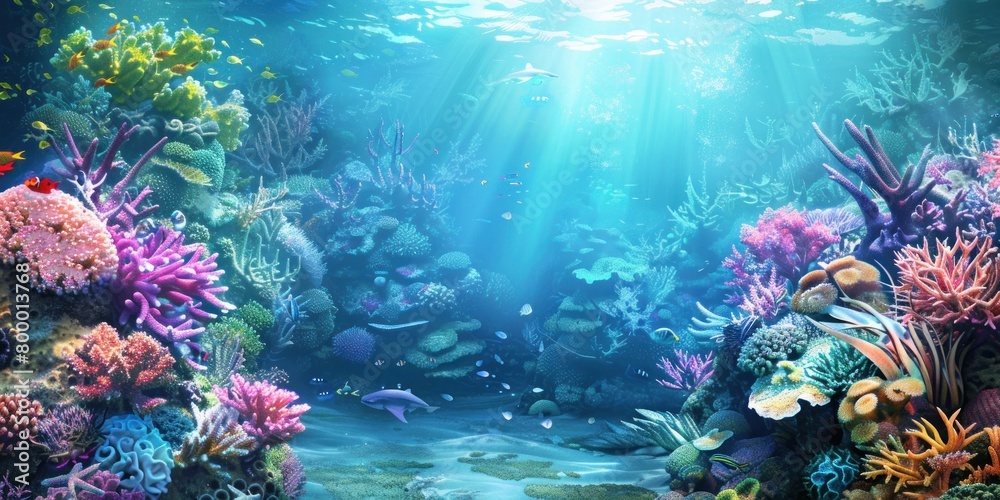 Experience the captivating beauty of an underwater wonderland as vibrant coral reefs and graceful sea creatures decorate the backdrop, adding depth and intrigue to the scene.
