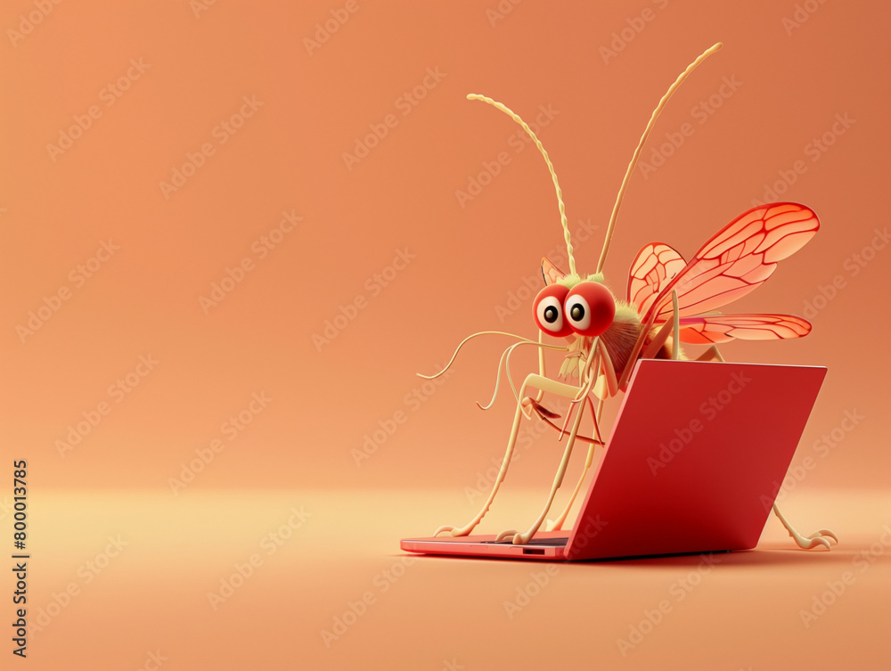 A Cute 3D Mosquito Using a Laptop Computer in a Solid Color Background Room A Cute 3D Mosquito Using a Laptop Computer in a Solid Color Background Room