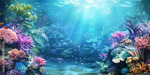 Experience the captivating beauty of an underwater wonderland as vibrant coral reefs and graceful sea creatures decorate the backdrop, adding depth and intrigue to the scene. 