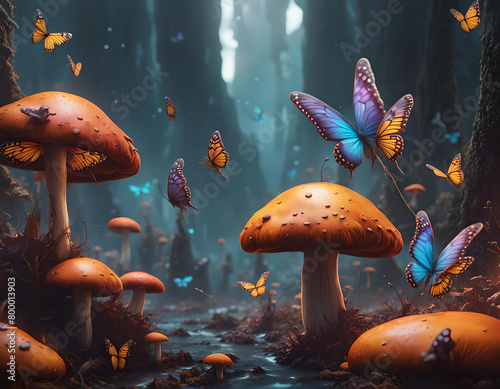 Fantasy landscape with mushroom and butterflies in a mysterious dreamy woodland. Concept of magic, imagination, fairytale. Digital illustration. CG Artwork Background