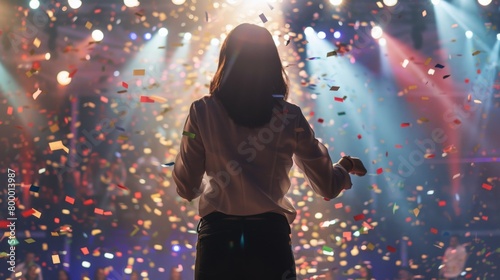 a teacher standing on a stage, surrounded by confetti and applause photo