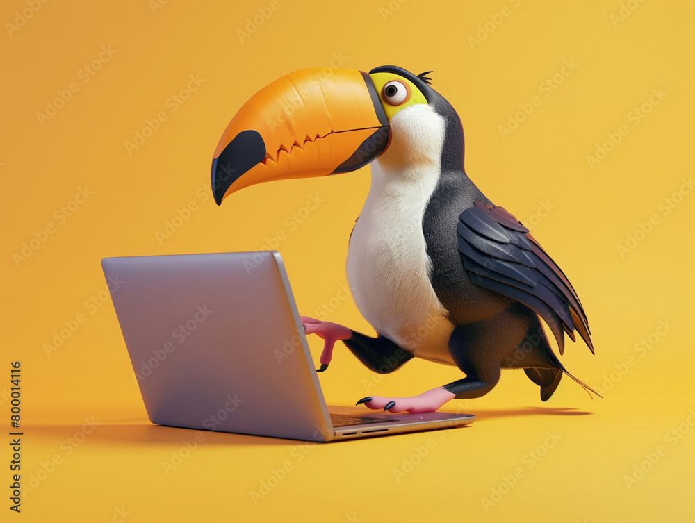 Naklejka premium A Cute 3D Toucan Using a Laptop Computer in a Solid Color Background Room
