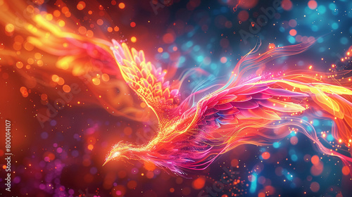 A phoenix rising from the ashes with a colorful background #800014107