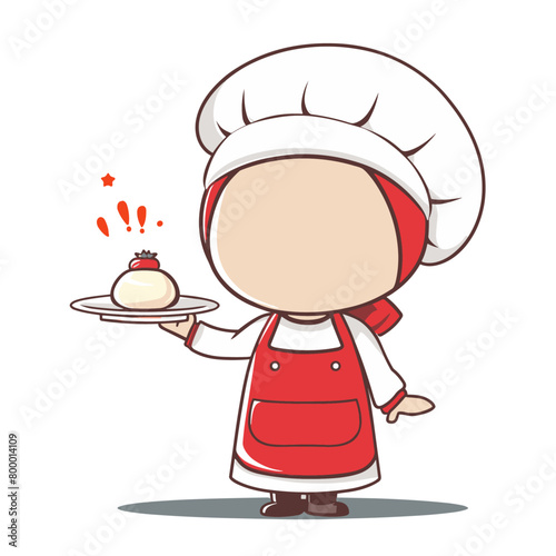 chef character, adorned with a white hat and a red apron, holding a silver cloche